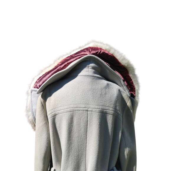 Real Fox Fur Collar Coat Belt Light Gray Wool Satin Lining Project or Parts - Picture 6 of 12